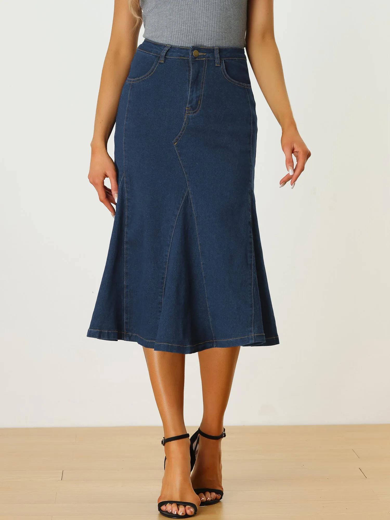 Casual Denim High Waisted A-Line Flared Midi Skirt