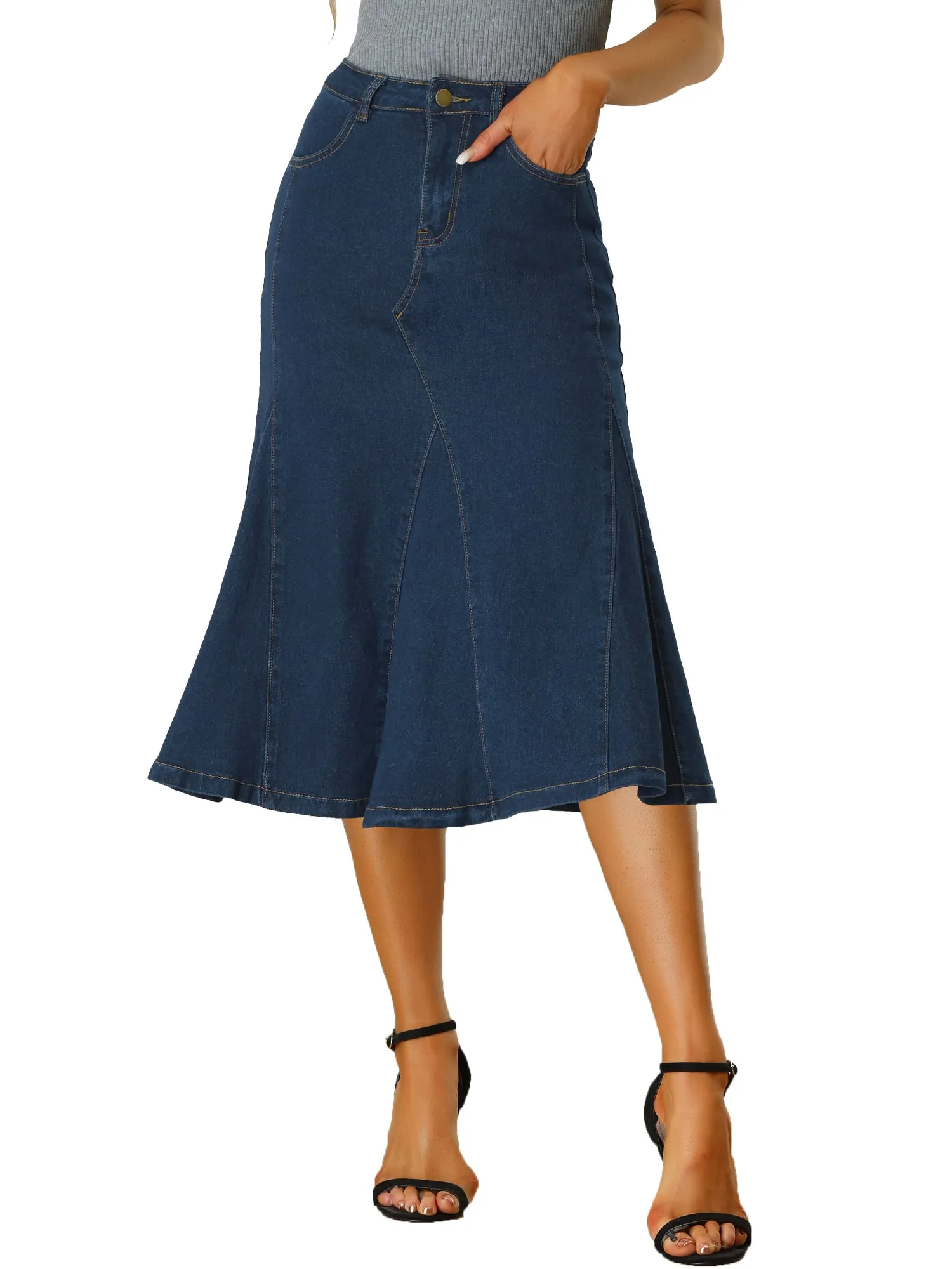 Casual Denim High Waisted A-Line Flared Midi Skirt