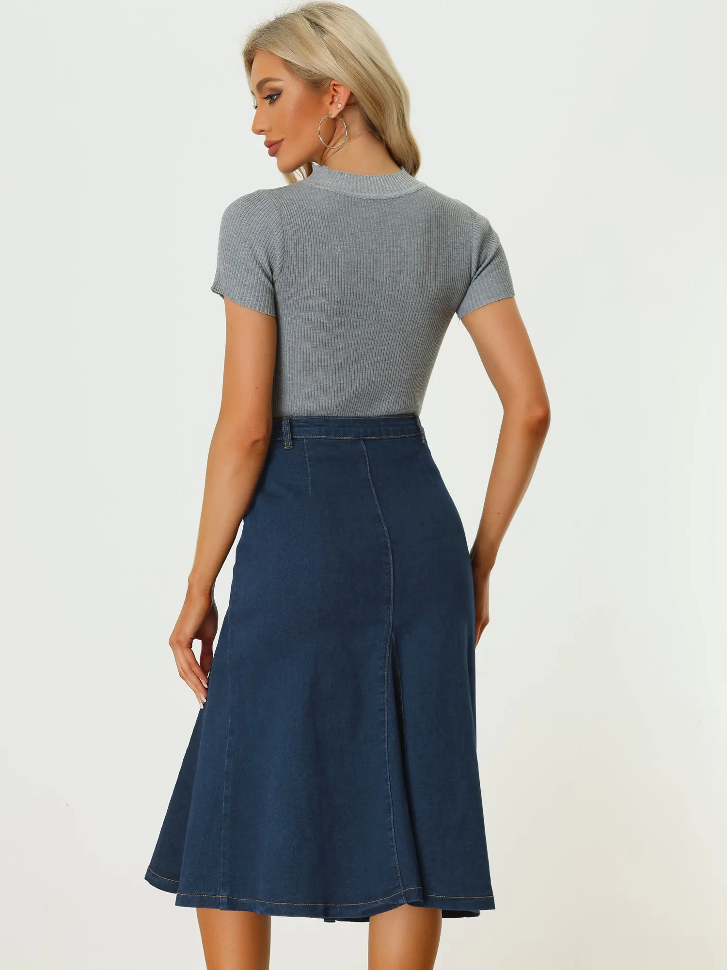 Casual Denim High Waisted A-Line Flared Midi Skirt