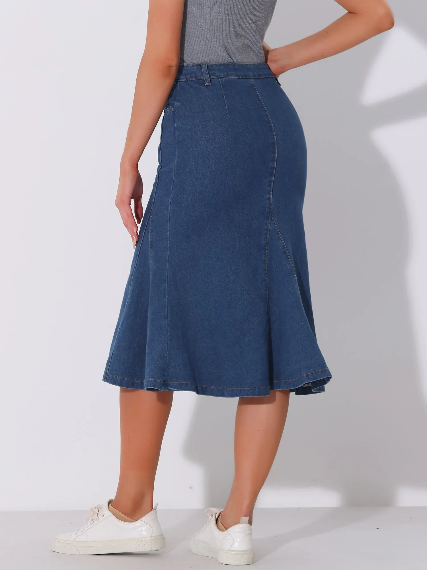 Casual Denim High Waisted A-Line Flared Midi Skirt