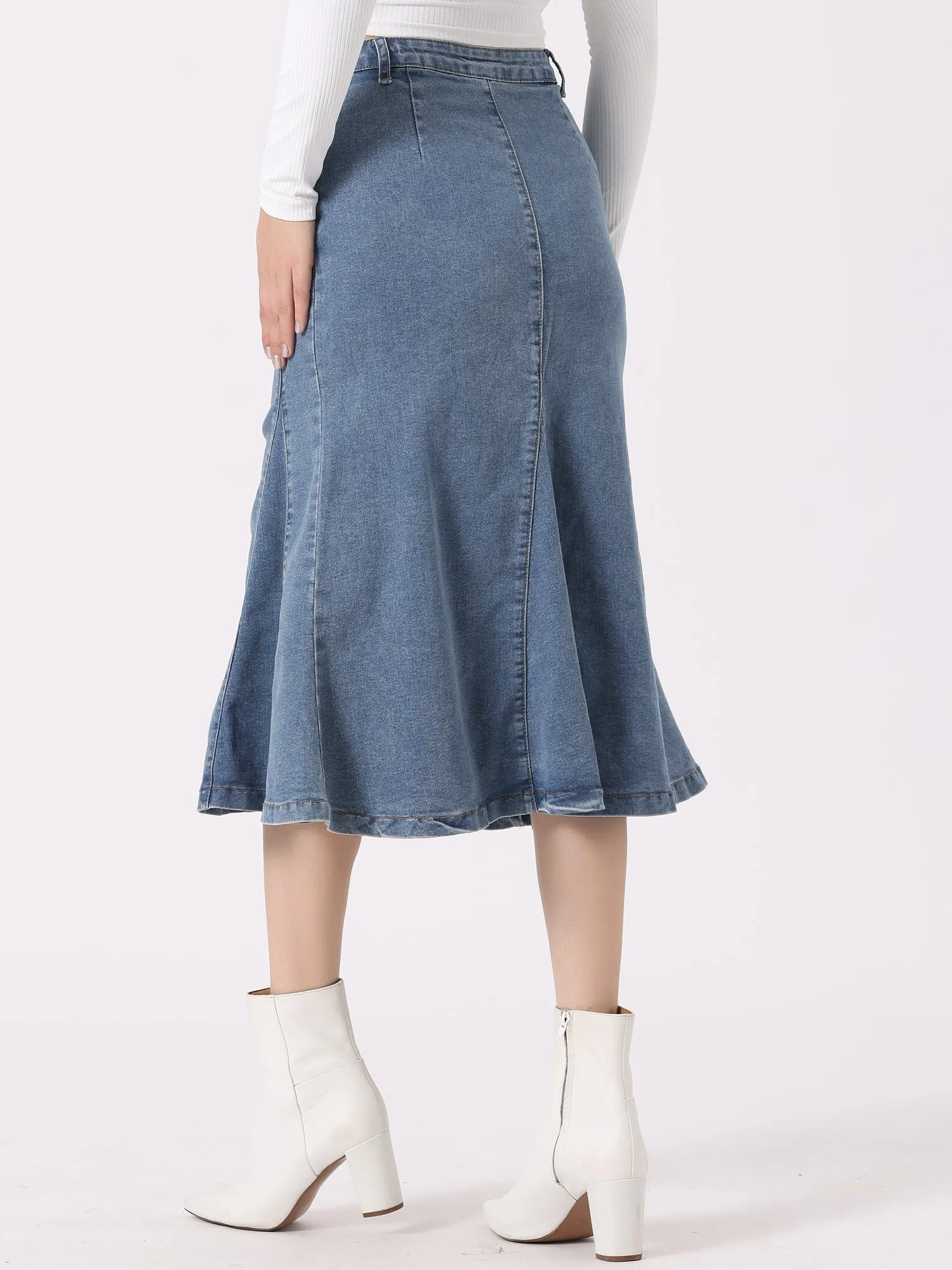 Casual Denim High Waisted A-Line Flared Midi Skirt