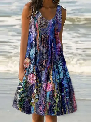 Casual Dress Shift Dress Sundress Midi Dress Purple Sleeveless Floral Pocket Spring Summer U Neck Vacation  S M L XL XXL 3XL for Women