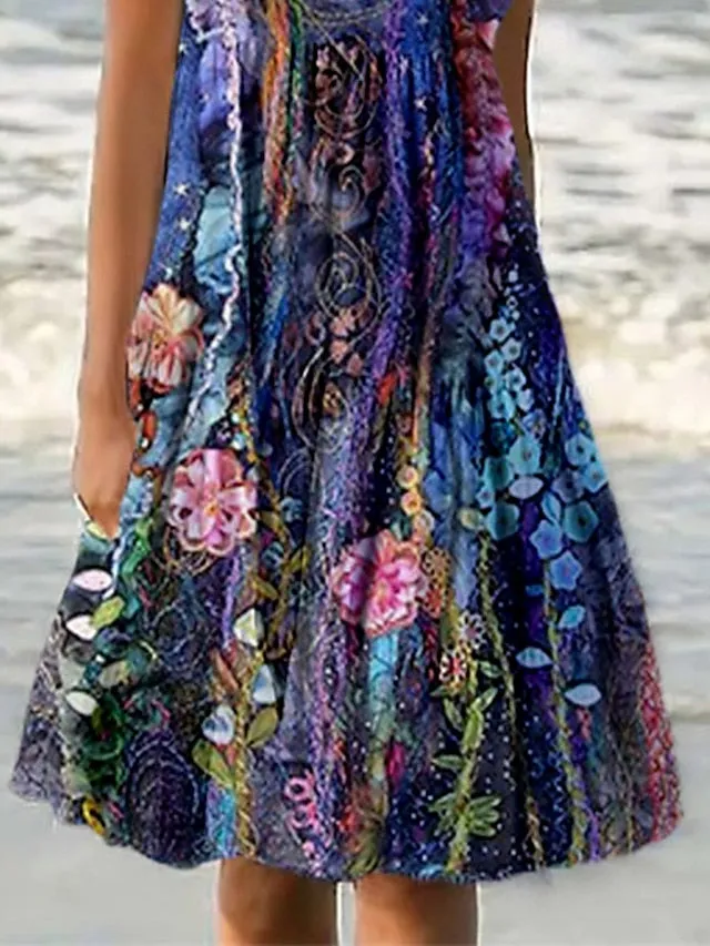 Casual Dress Shift Dress Sundress Midi Dress Purple Sleeveless Floral Pocket Spring Summer U Neck Vacation  S M L XL XXL 3XL for Women