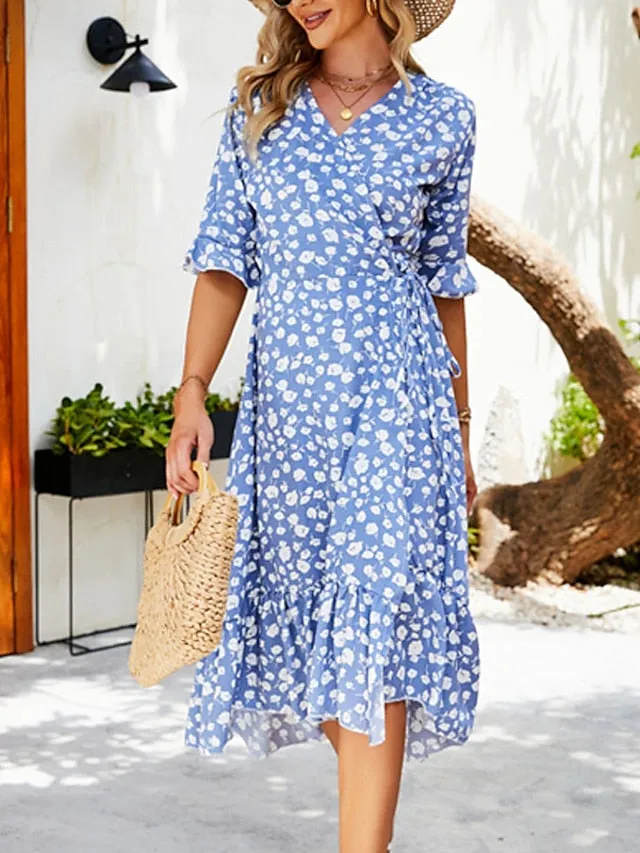 Casual Dress Sundress Wrap Dress Midi Dress Black Red Green Short Sleeve Floral Lace up Summer Spring Fall V Neck Fashion Wedding Guest Vacation Summer Dress  S M L XL XXL for Women