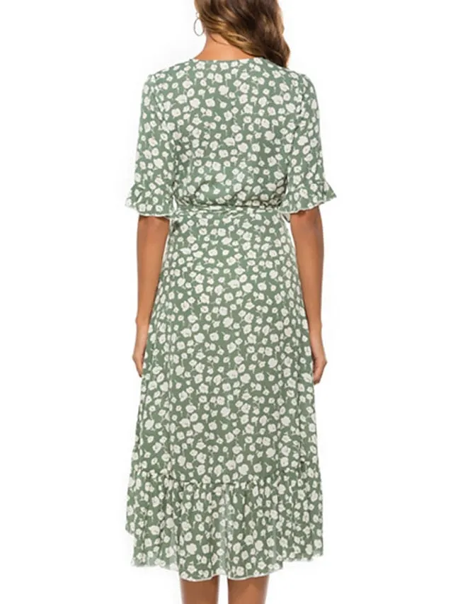 Casual Dress Sundress Wrap Dress Midi Dress Black Red Green Short Sleeve Floral Lace up Summer Spring Fall V Neck Fashion Wedding Guest Vacation Summer Dress  S M L XL XXL for Women