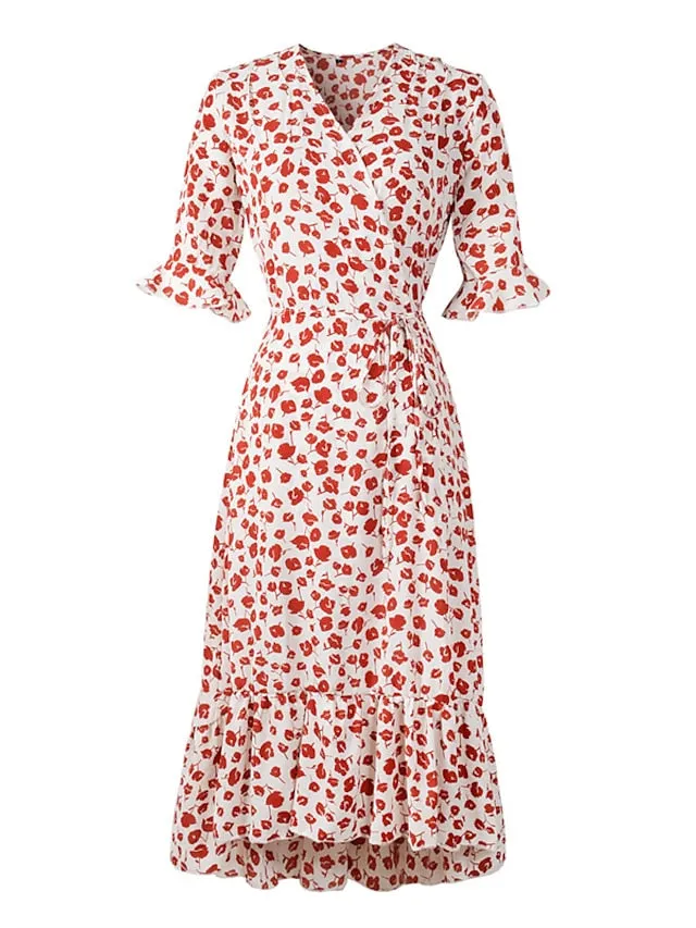 Casual Dress Sundress Wrap Dress Midi Dress Black Red Green Short Sleeve Floral Lace up Summer Spring Fall V Neck Fashion Wedding Guest Vacation Summer Dress  S M L XL XXL for Women
