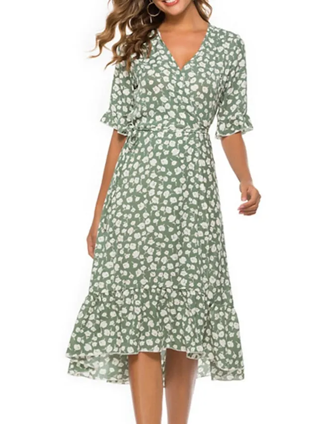 Casual Dress Sundress Wrap Dress Midi Dress Black Red Green Short Sleeve Floral Lace up Summer Spring Fall V Neck Fashion Wedding Guest Vacation Summer Dress  S M L XL XXL for Women