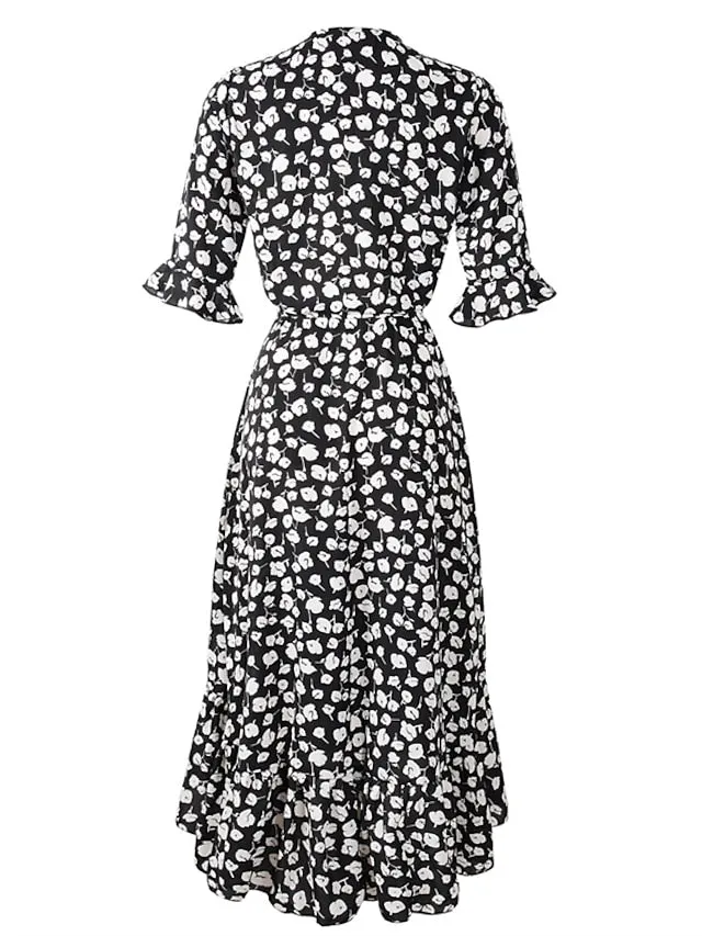 Casual Dress Sundress Wrap Dress Midi Dress Black Red Green Short Sleeve Floral Lace up Summer Spring Fall V Neck Fashion Wedding Guest Vacation Summer Dress  S M L XL XXL for Women