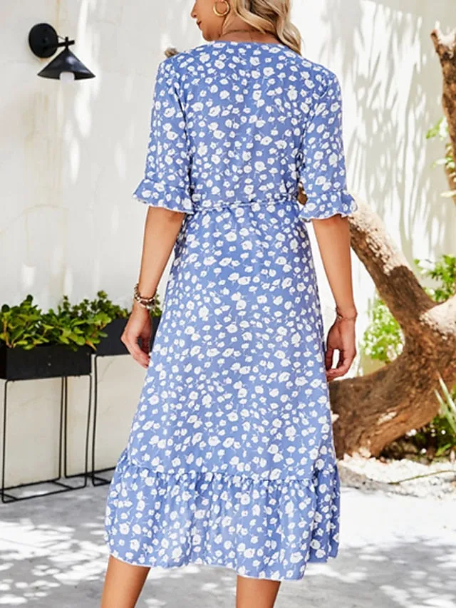 Casual Dress Sundress Wrap Dress Midi Dress Black Red Green Short Sleeve Floral Lace up Summer Spring Fall V Neck Fashion Wedding Guest Vacation Summer Dress  S M L XL XXL for Women