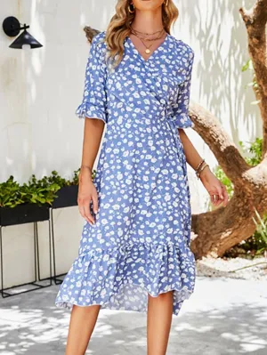 Casual Dress Sundress Wrap Dress Midi Dress Black Red Green Short Sleeve Floral Lace up Summer Spring Fall V Neck Fashion Wedding Guest Vacation Summer Dress  S M L XL XXL for Women