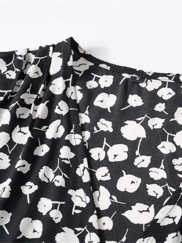 Casual Dress Sundress Wrap Dress Midi Dress Black Red Green Short Sleeve Floral Lace up Summer Spring Fall V Neck Fashion Wedding Guest Vacation Summer Dress  S M L XL XXL for Women