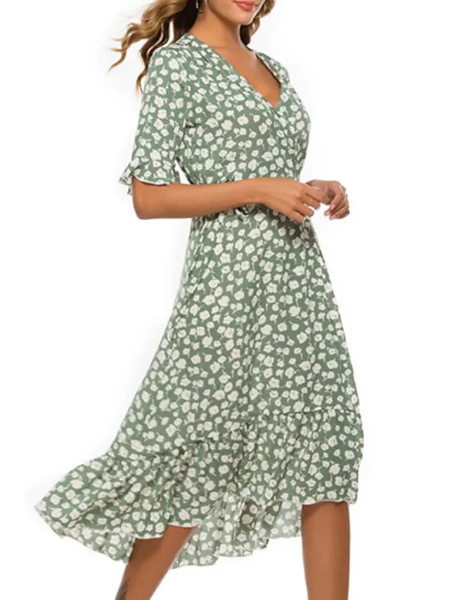 Casual Dress Sundress Wrap Dress Midi Dress Black Red Green Short Sleeve Floral Lace up Summer Spring Fall V Neck Fashion Wedding Guest Vacation Summer Dress  S M L XL XXL for Women