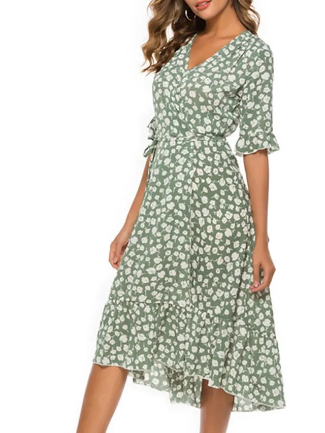 Casual Dress Sundress Wrap Dress Midi Dress Black Red Green Short Sleeve Floral Lace up Summer Spring Fall V Neck Fashion Wedding Guest Vacation Summer Dress  S M L XL XXL for Women