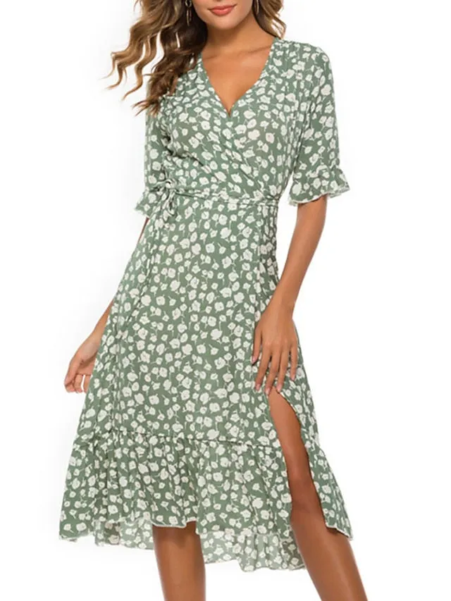 Casual Dress Sundress Wrap Dress Midi Dress Black Red Green Short Sleeve Floral Lace up Summer Spring Fall V Neck Fashion Wedding Guest Vacation Summer Dress  S M L XL XXL for Women