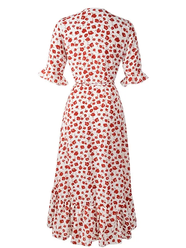 Casual Dress Sundress Wrap Dress Midi Dress Black Red Green Short Sleeve Floral Lace up Summer Spring Fall V Neck Fashion Wedding Guest Vacation Summer Dress  S M L XL XXL for Women