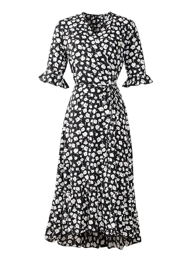 Casual Dress Sundress Wrap Dress Midi Dress Black Red Green Short Sleeve Floral Lace up Summer Spring Fall V Neck Fashion Wedding Guest Vacation Summer Dress  S M L XL XXL for Women
