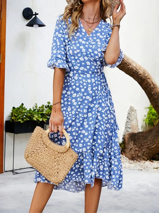 Casual Dress Sundress Wrap Dress Midi Dress Black Red Green Short Sleeve Floral Lace up Summer Spring Fall V Neck Fashion Wedding Guest Vacation Summer Dress  S M L XL XXL for Women