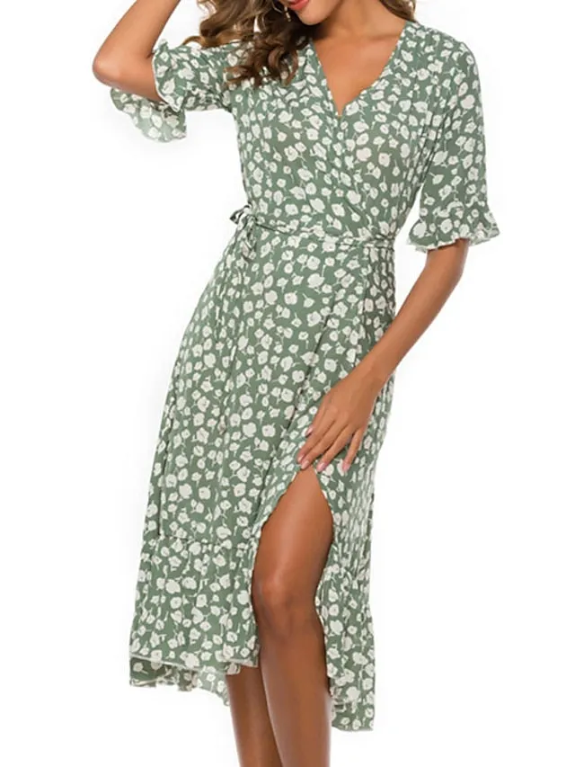 Casual Dress Sundress Wrap Dress Midi Dress Black Red Green Short Sleeve Floral Lace up Summer Spring Fall V Neck Fashion Wedding Guest Vacation Summer Dress  S M L XL XXL for Women