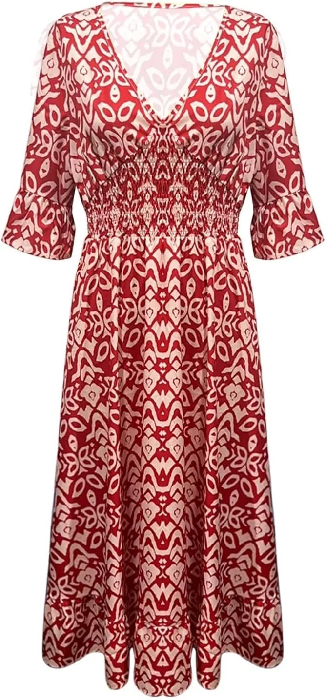 Casual Summer Dresses for Women 2025,Women's Print V-Neck Long Dress Plus Size Fashion Floral Printed Midi Boho Dress