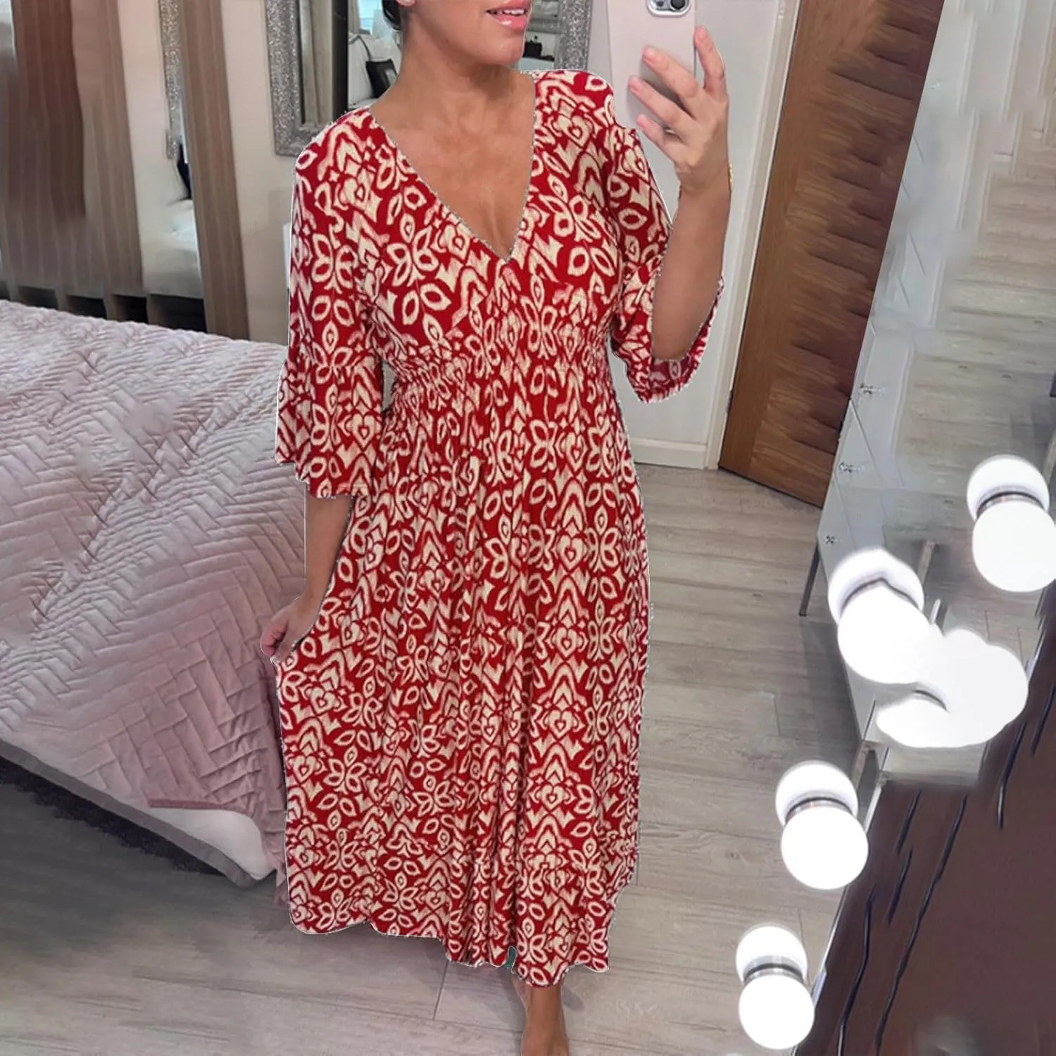 Casual Summer Dresses for Women 2025,Women's Print V-Neck Long Dress Plus Size Fashion Floral Printed Midi Boho Dress