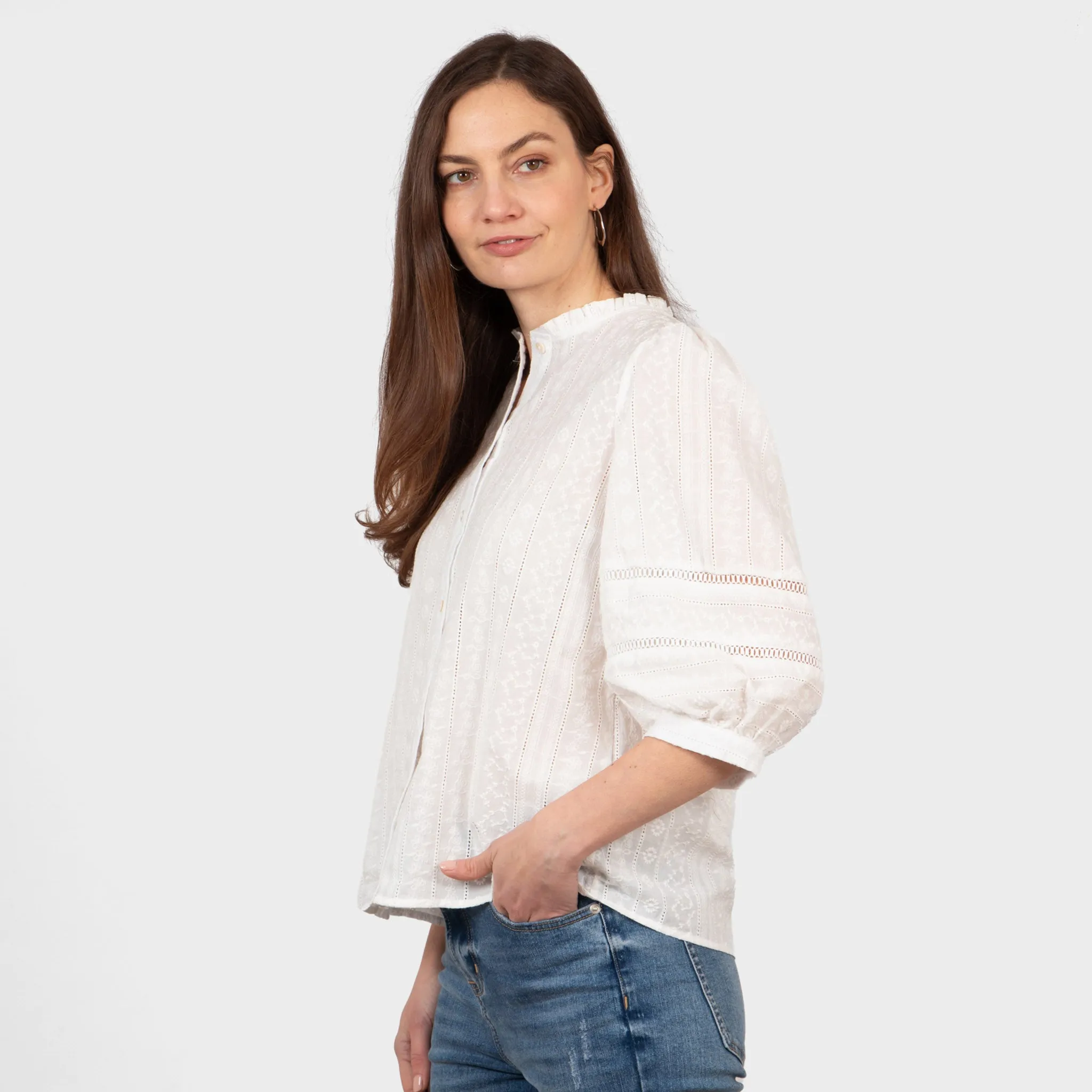 Cora Cotton 3/4 Sleeve Shirt - White, Floral Embroidery