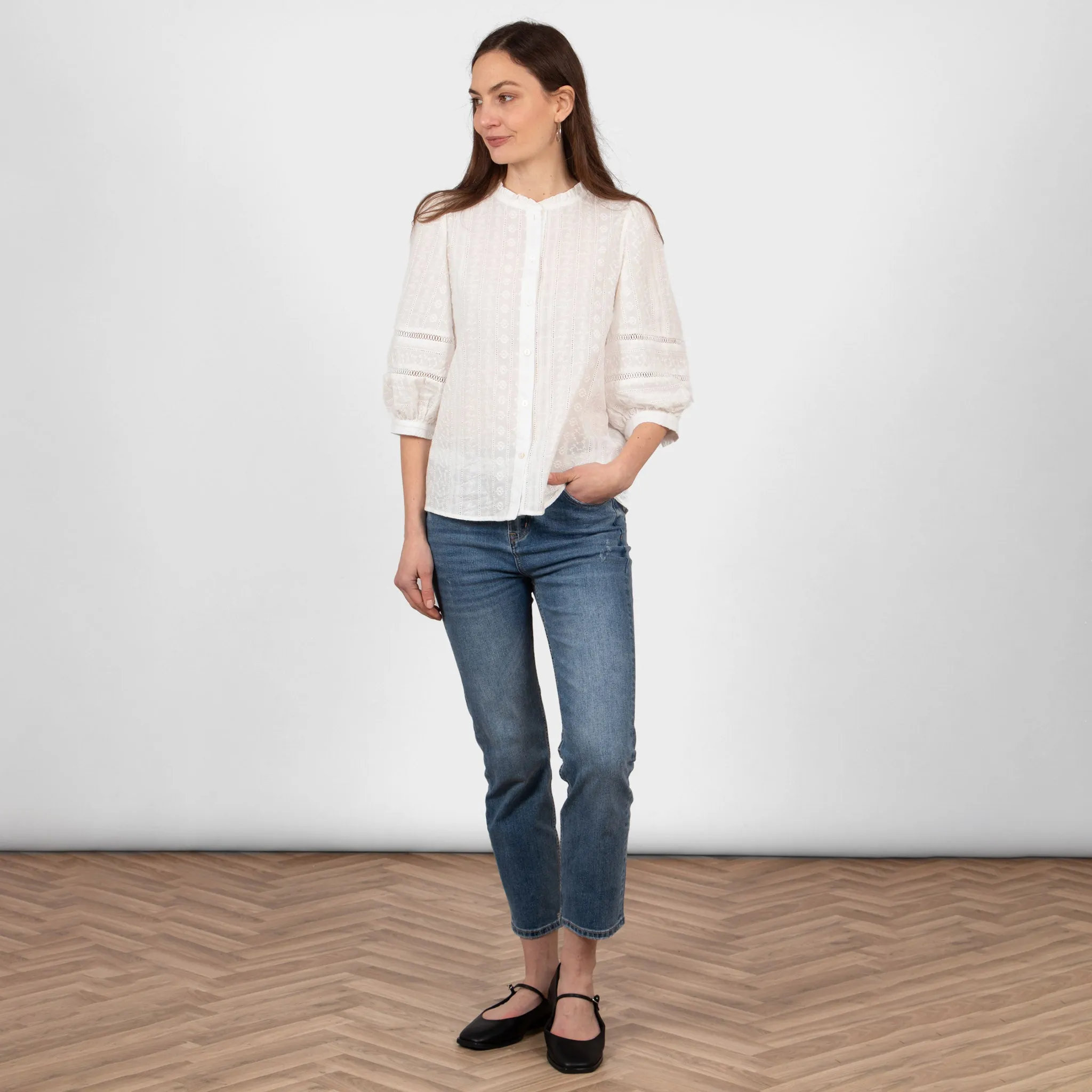 Cora Cotton 3/4 Sleeve Shirt - White, Floral Embroidery