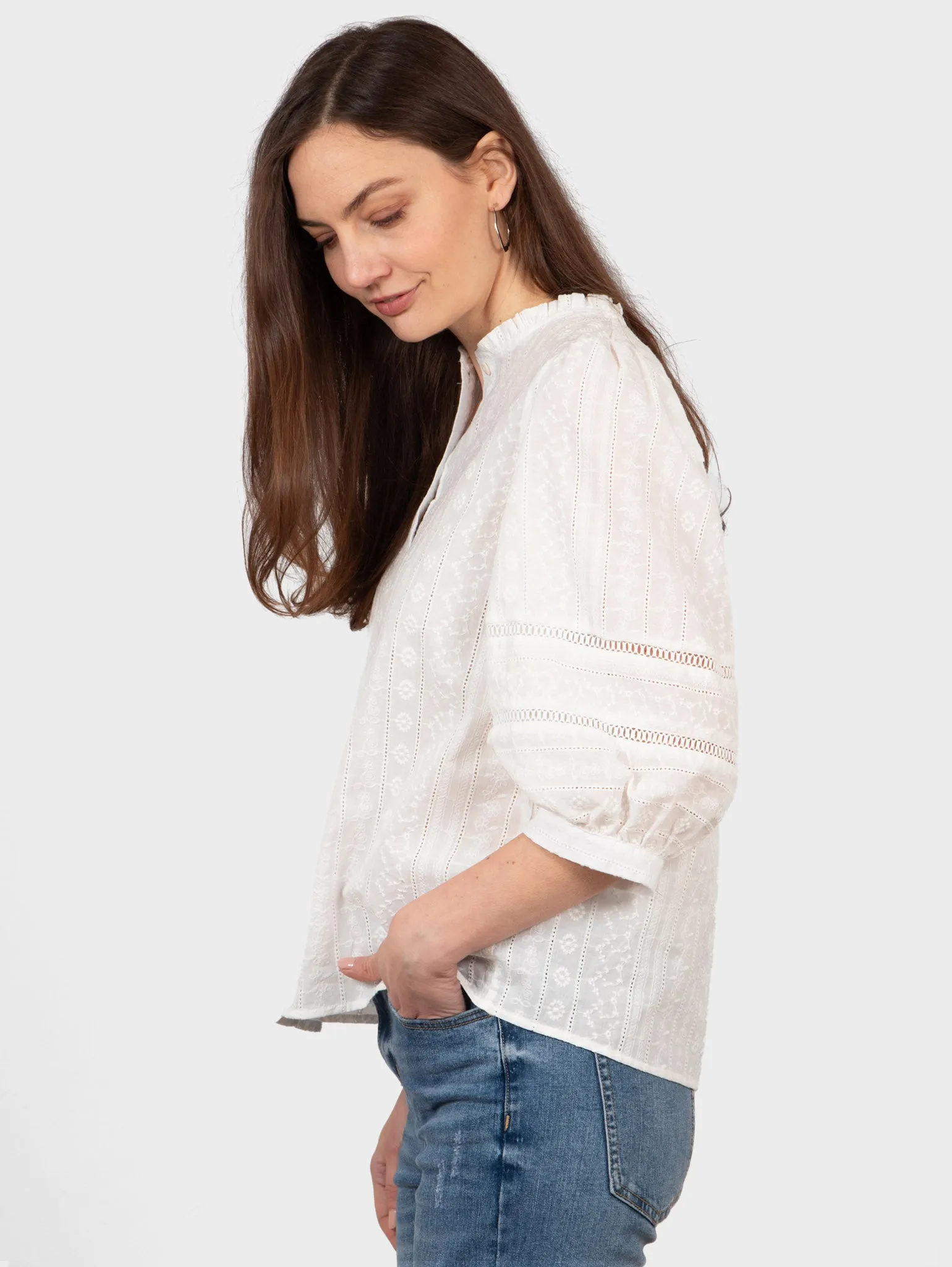 Cora Cotton 3/4 Sleeve Shirt - White, Floral Embroidery