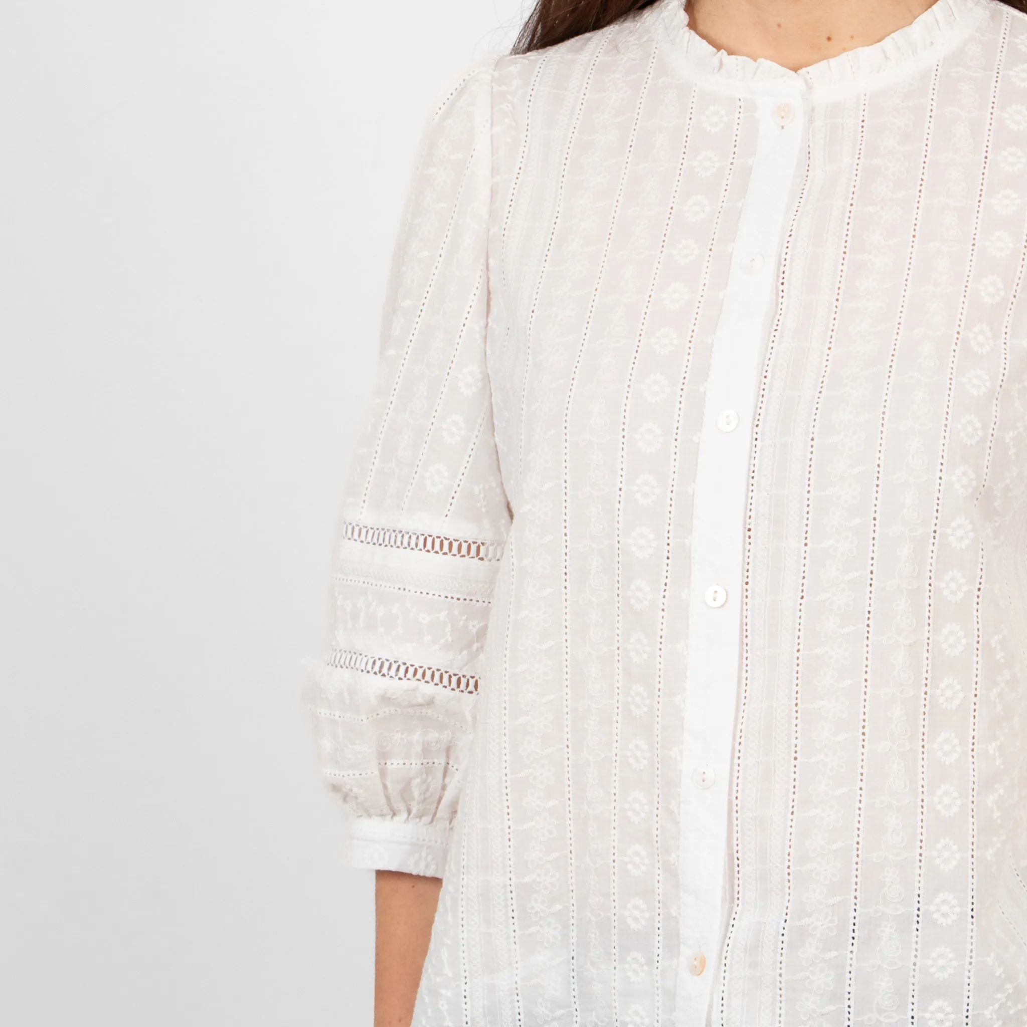 Cora Cotton 3/4 Sleeve Shirt - White, Floral Embroidery