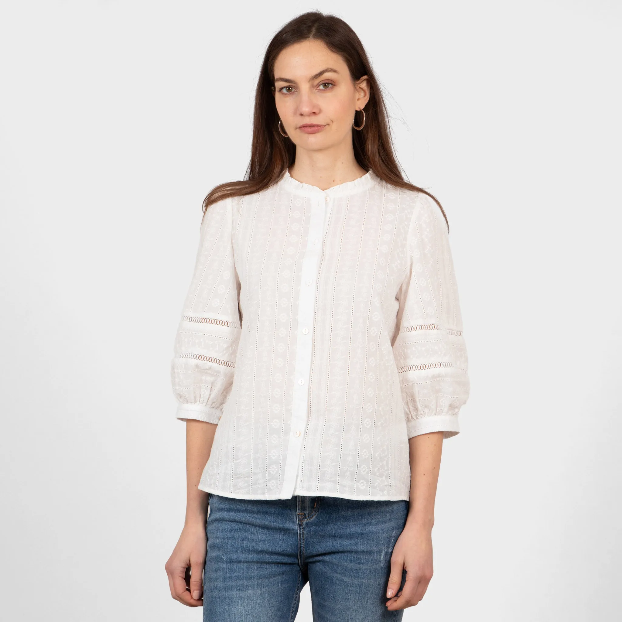 Cora Cotton 3/4 Sleeve Shirt - White, Floral Embroidery
