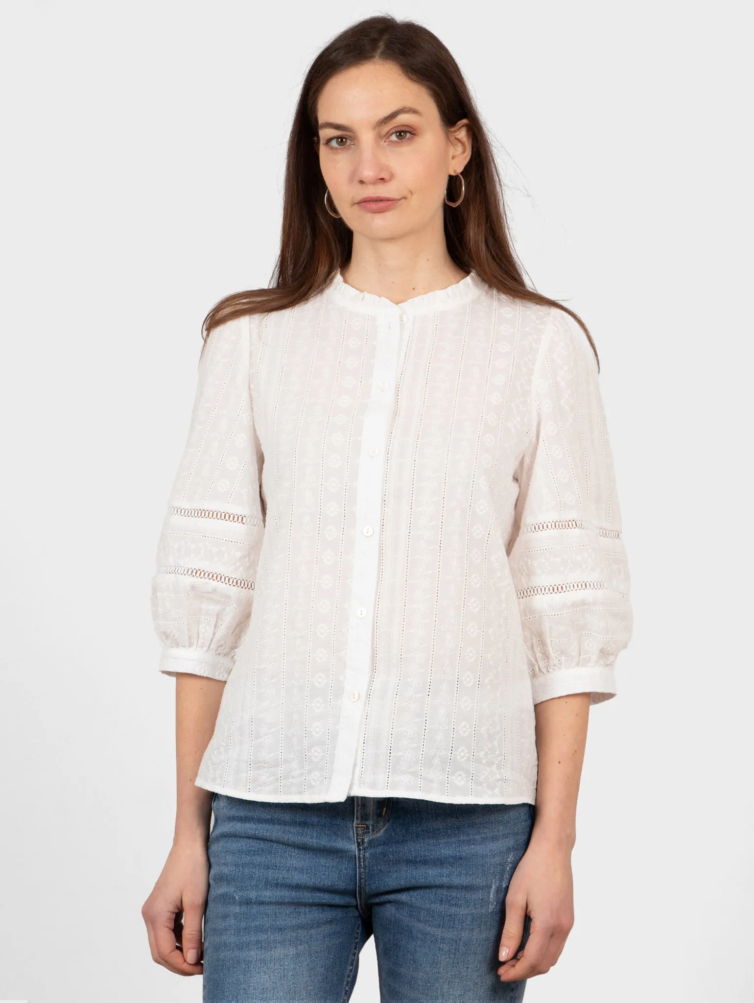 Cora Cotton 3/4 Sleeve Shirt - White, Floral Embroidery