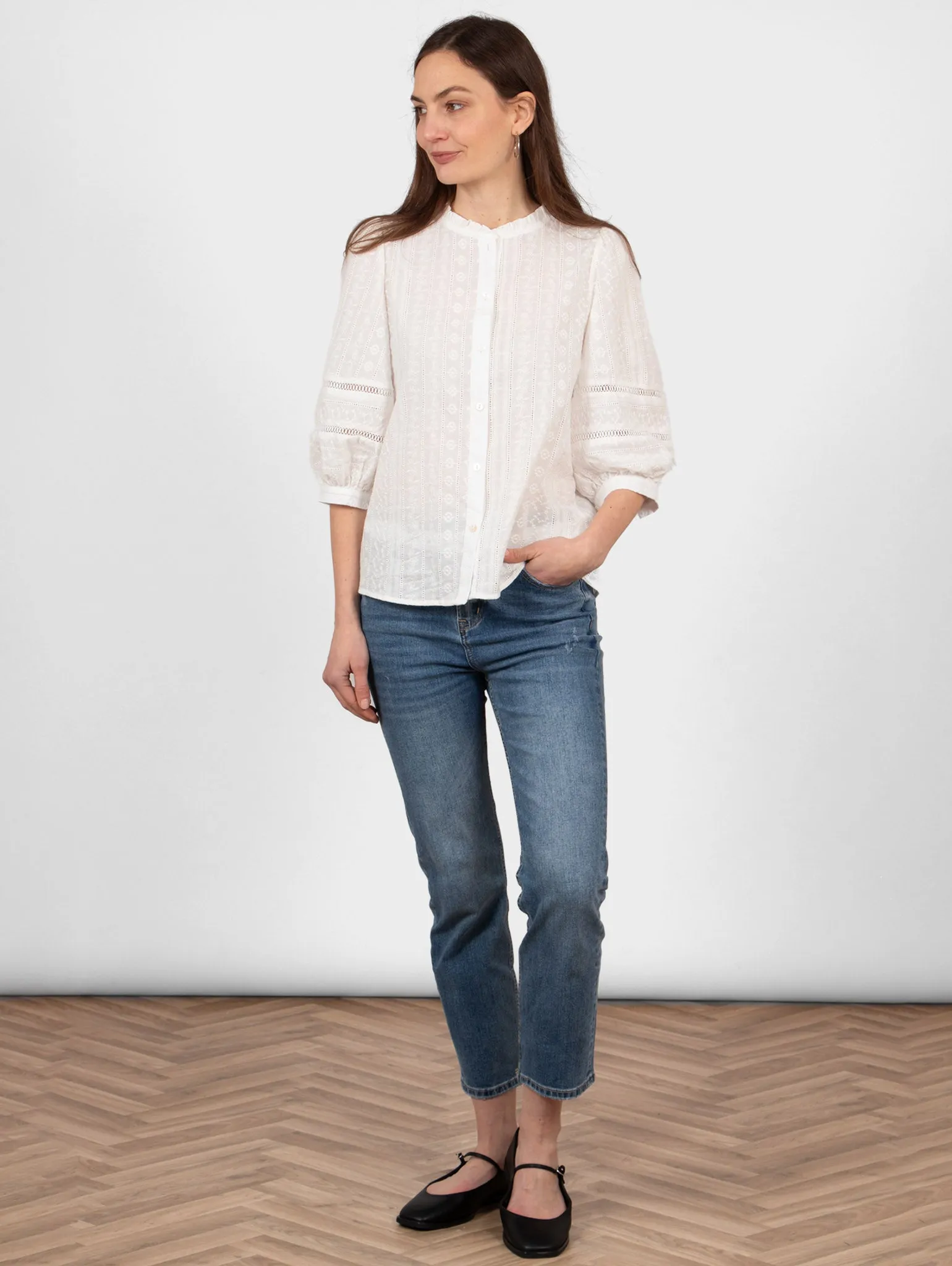 Cora Cotton 3/4 Sleeve Shirt - White, Floral Embroidery