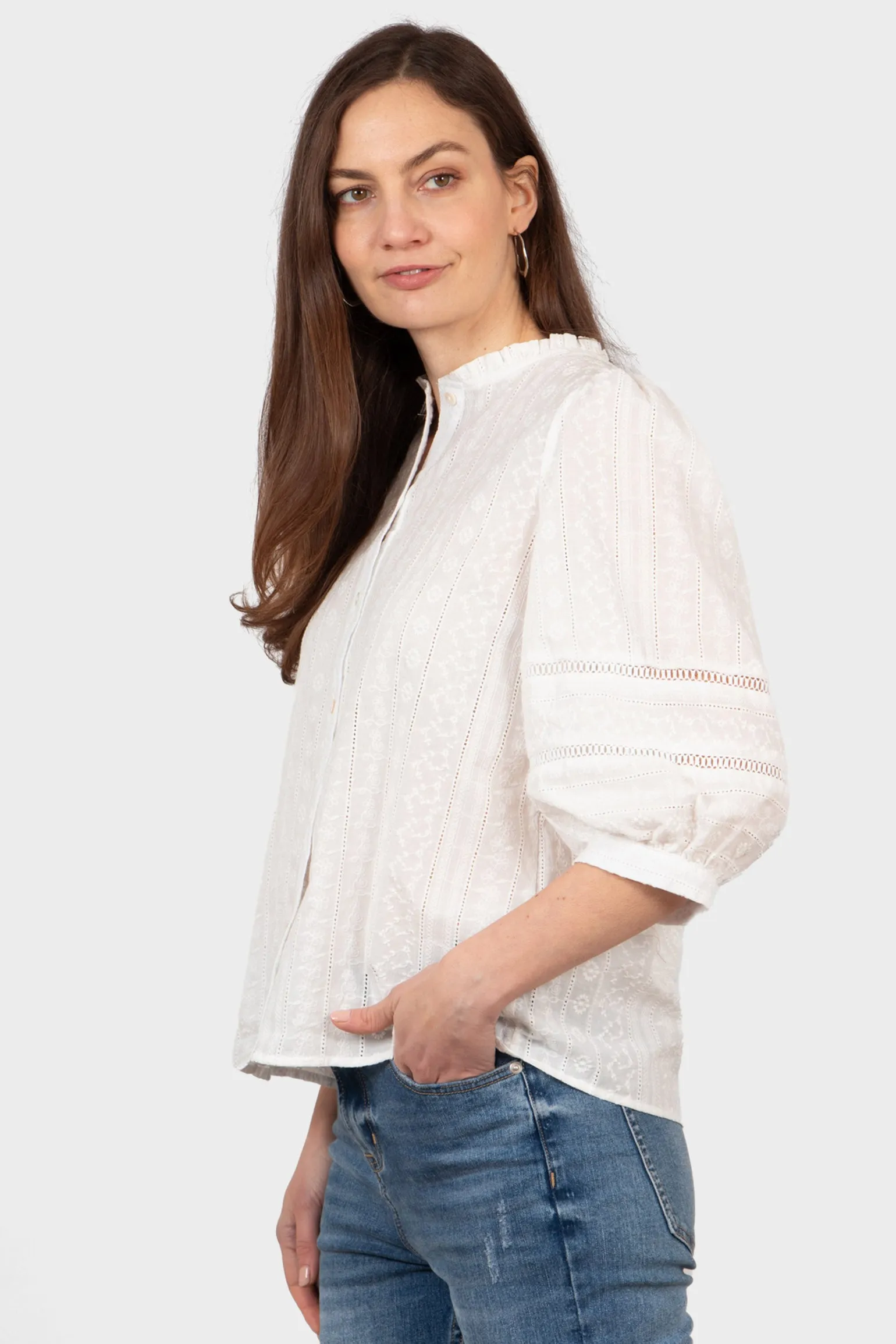 Cora Cotton 3/4 Sleeve Shirt - White, Floral Embroidery