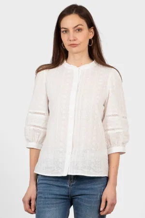Cora Cotton 3/4 Sleeve Shirt - White, Floral Embroidery