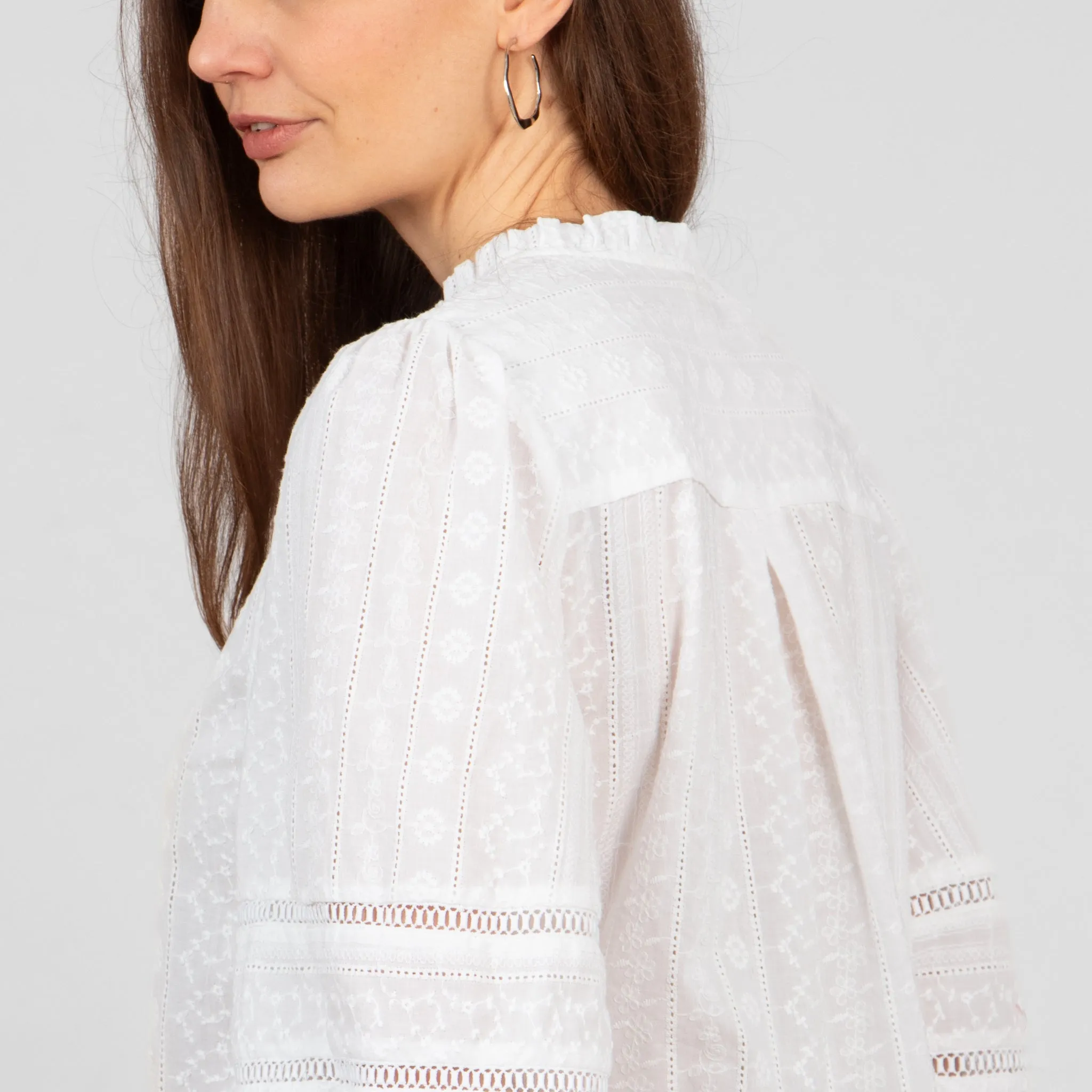 Cora Cotton 3/4 Sleeve Shirt - White, Floral Embroidery