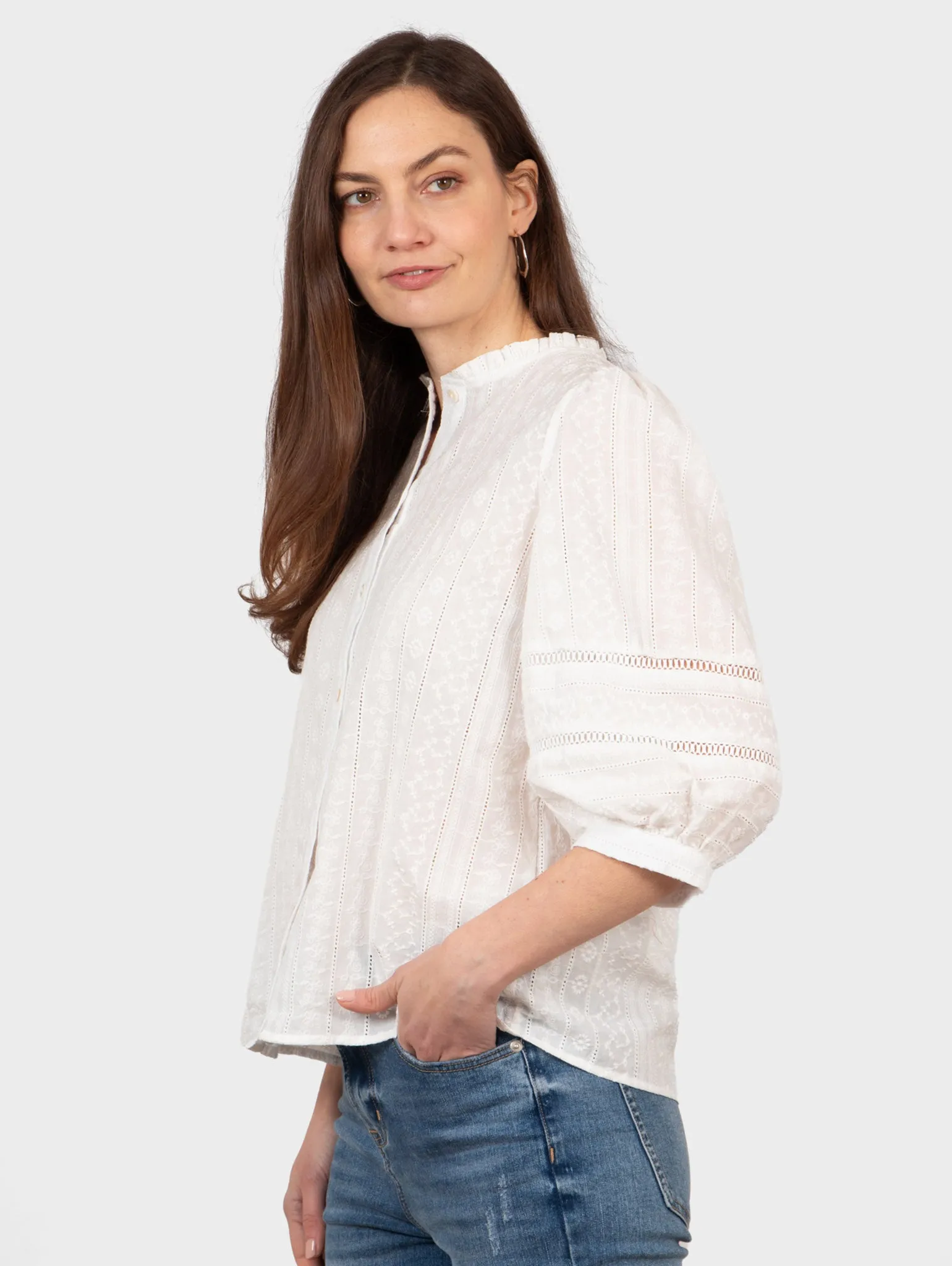 Cora Cotton 3/4 Sleeve Shirt - White, Floral Embroidery