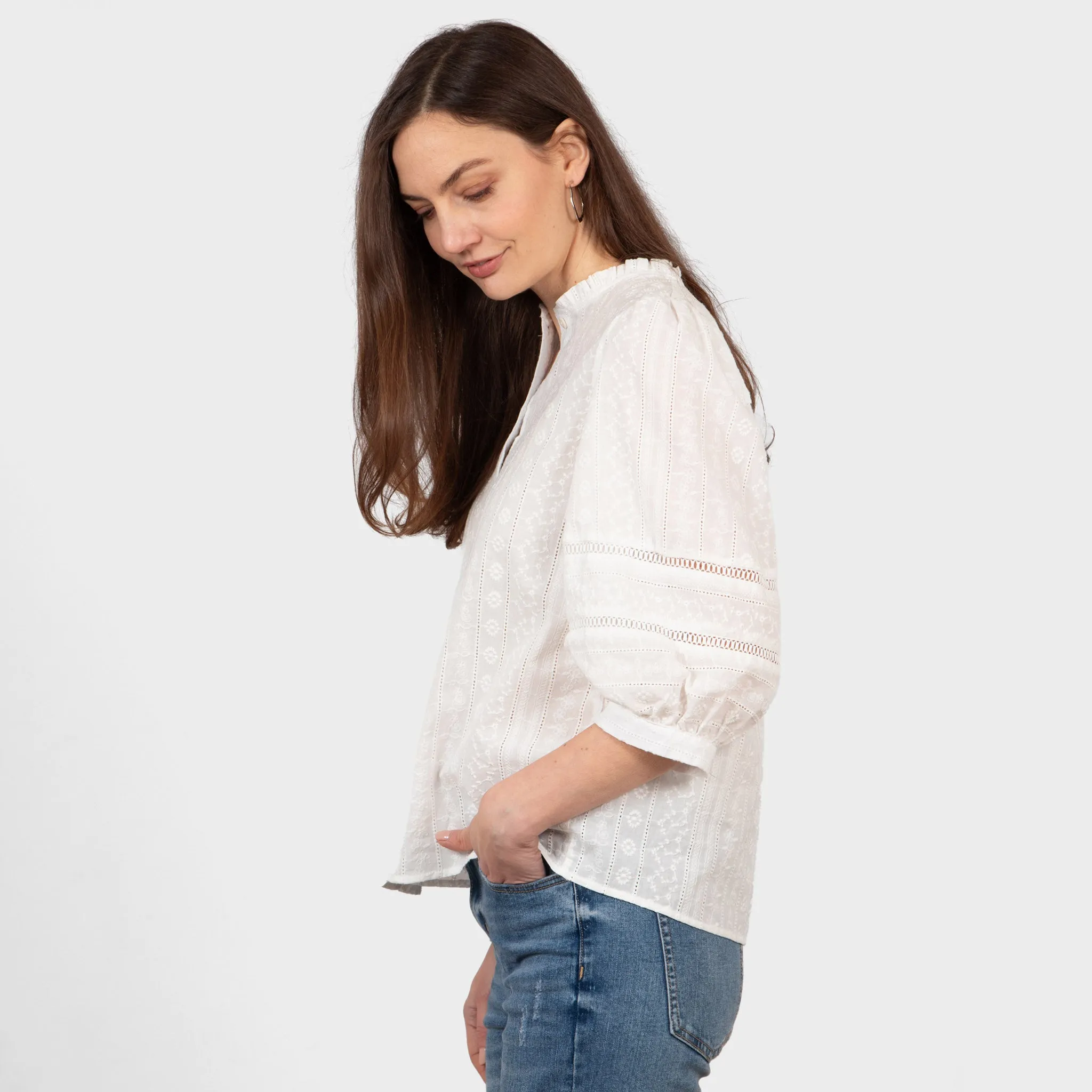 Cora Cotton 3/4 Sleeve Shirt - White, Floral Embroidery