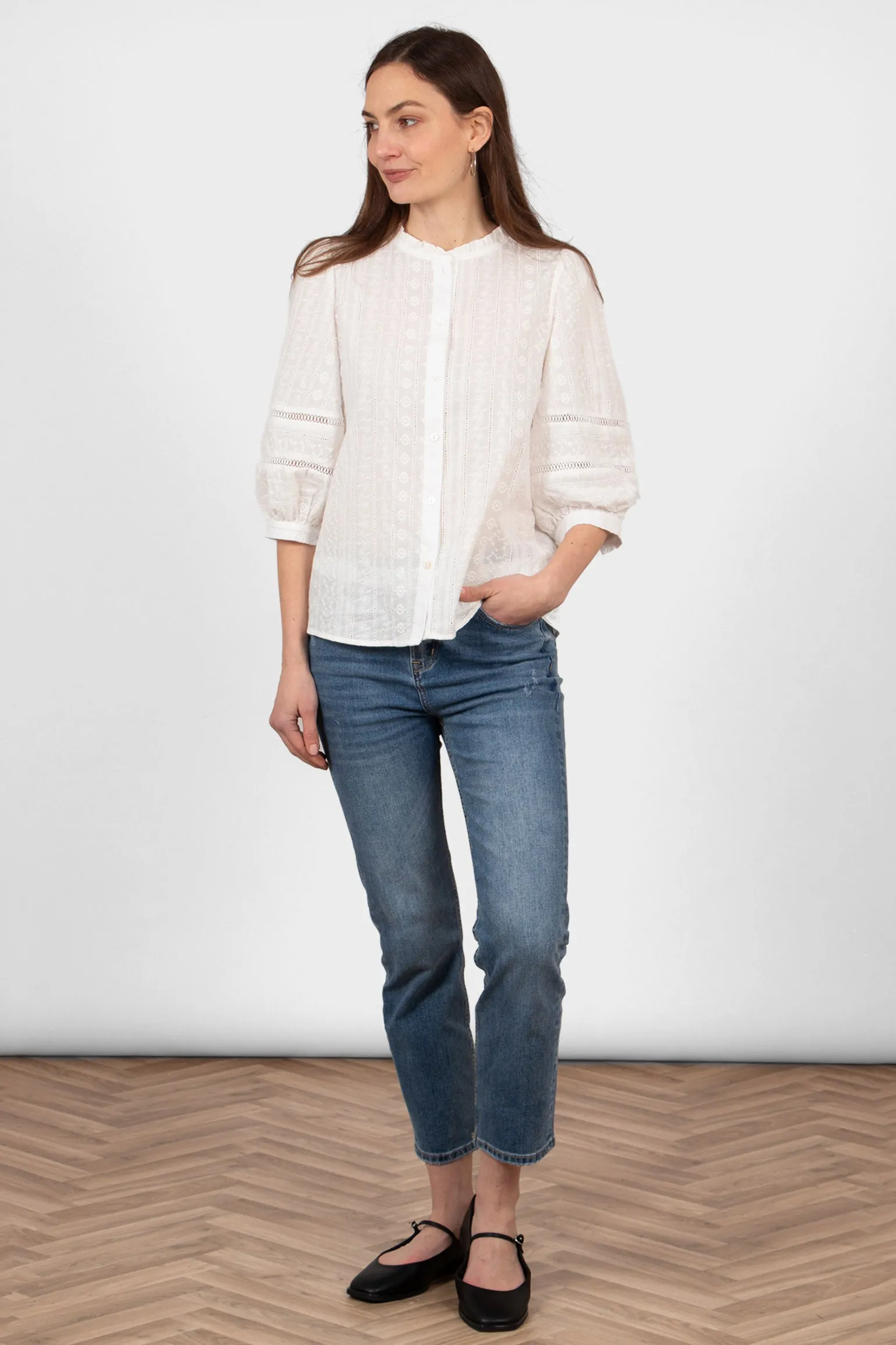 Cora Cotton 3/4 Sleeve Shirt - White, Floral Embroidery