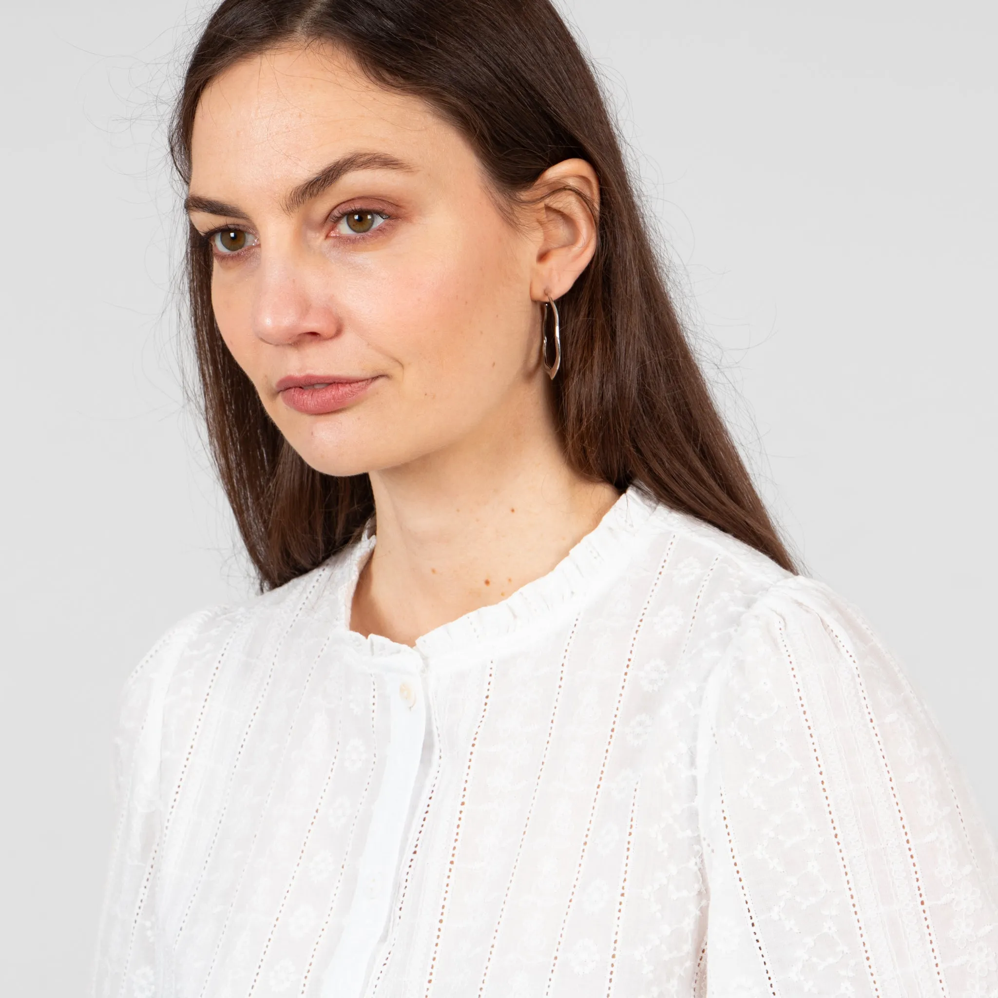 Cora Cotton 3/4 Sleeve Shirt - White, Floral Embroidery
