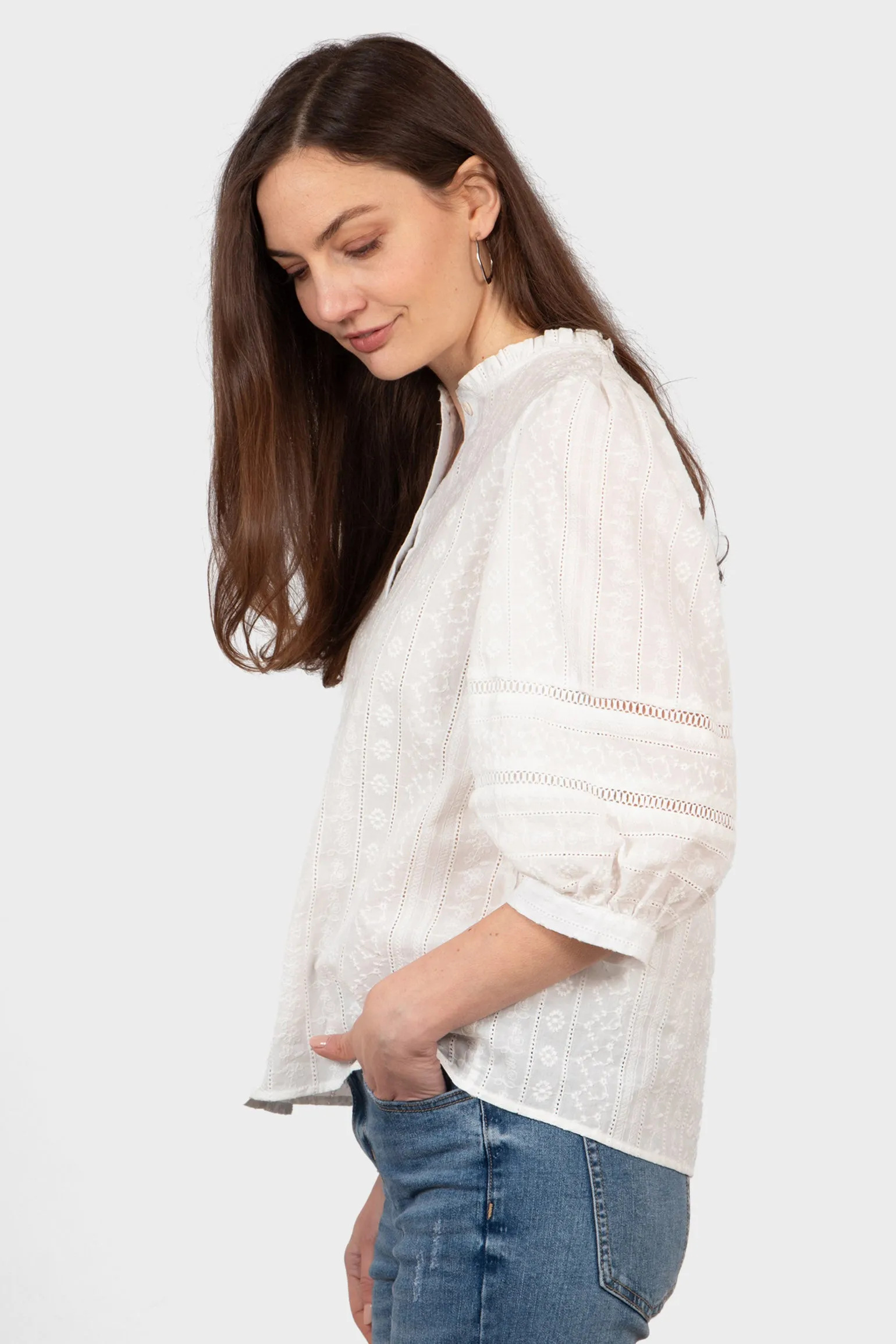 Cora Cotton 3/4 Sleeve Shirt - White, Floral Embroidery