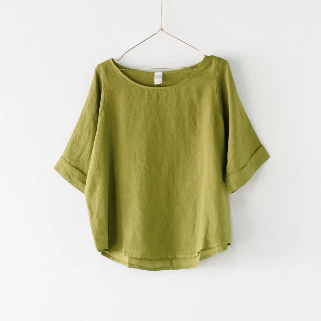 Curved Hemline Linen Top by Montaigne Free Size