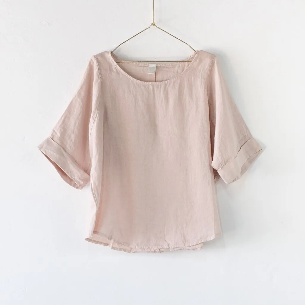 Curved Hemline Linen Top by Montaigne Free Size