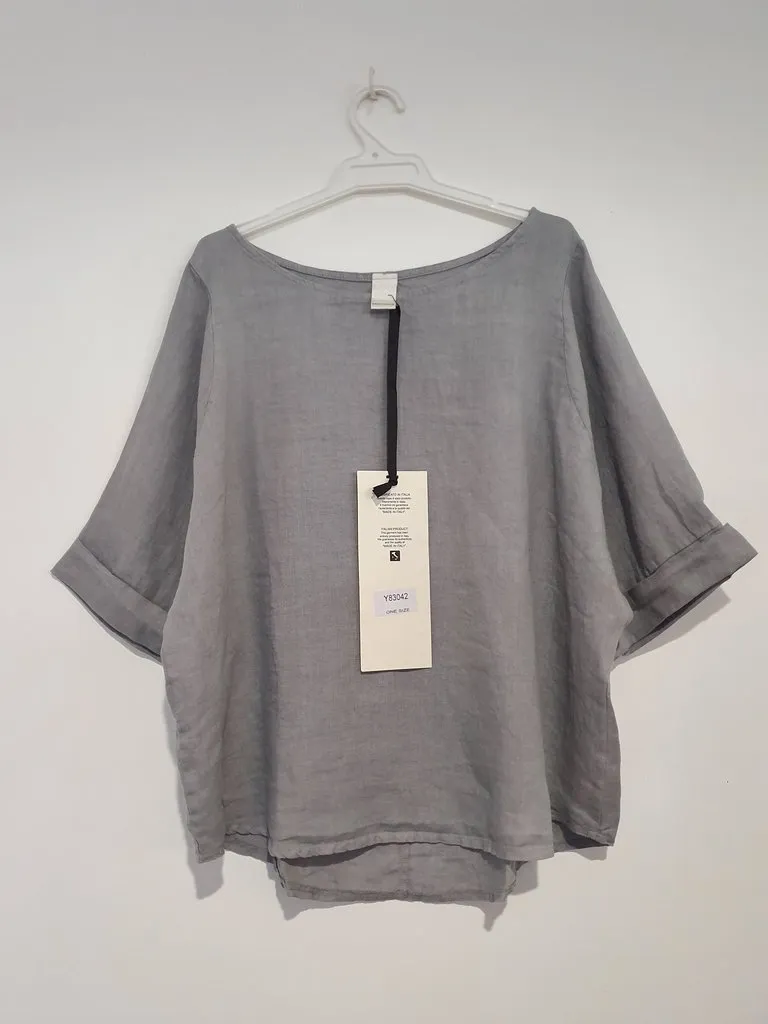 Curved Hemline Linen Top by Montaigne Free Size