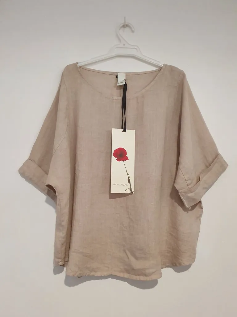 Curved Hemline Linen Top by Montaigne Free Size