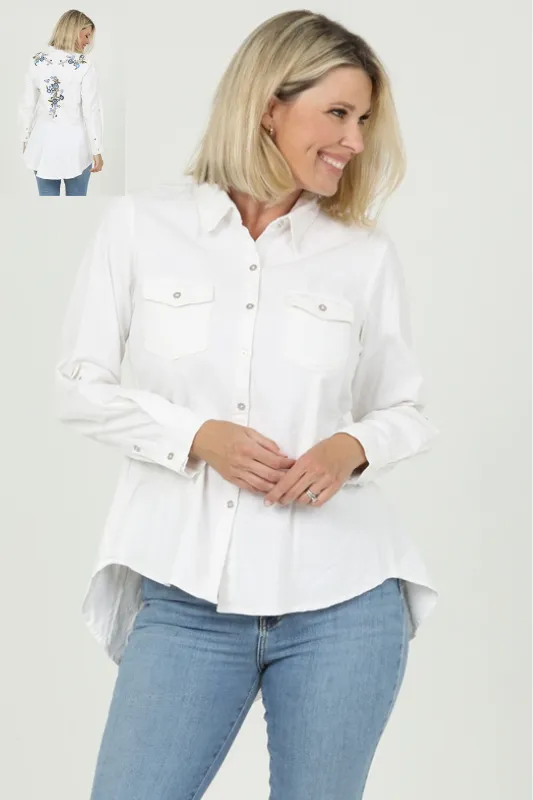 Embroidered Hi Lo Peplum Button Down Shirt - Denim Ivory