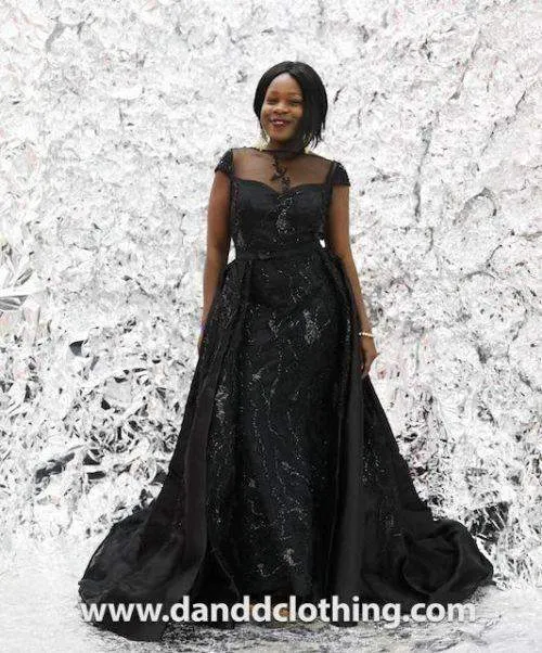 Evening Red Carpet Dress with Black Stones