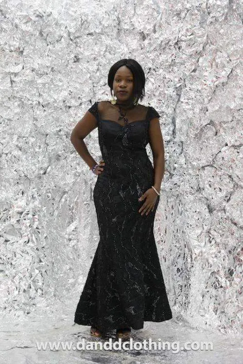 Evening Red Carpet Dress with Black Stones