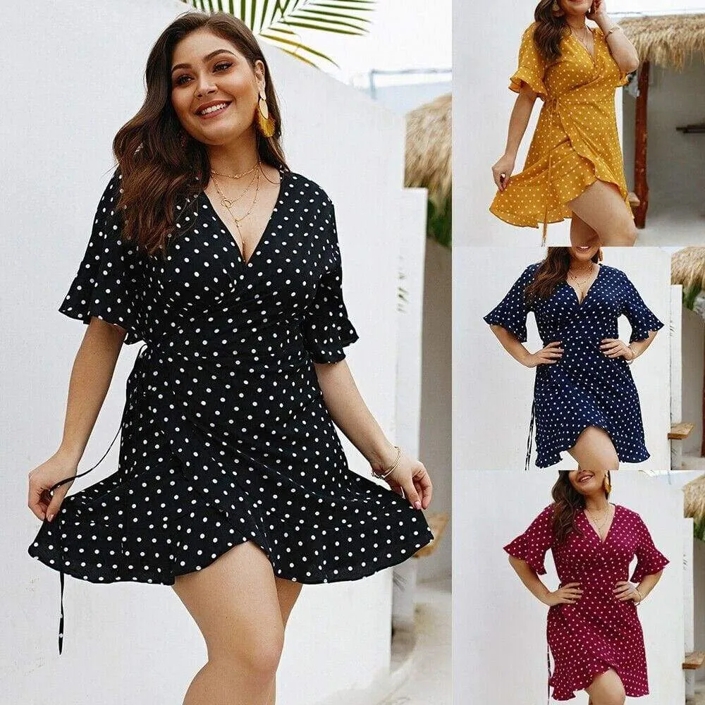 FashionSierra - Plus Size Women Summer High Waist Polka Dot Boho Beach Dress New Fashion Ladies Beach Dress Casual Short Sleeve V-Neck Sundress