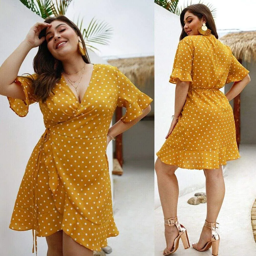 FashionSierra - Plus Size Women Summer High Waist Polka Dot Boho Beach Dress New Fashion Ladies Beach Dress Casual Short Sleeve V-Neck Sundress