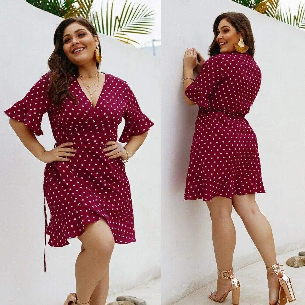 FashionSierra - Plus Size Women Summer High Waist Polka Dot Boho Beach Dress New Fashion Ladies Beach Dress Casual Short Sleeve V-Neck Sundress