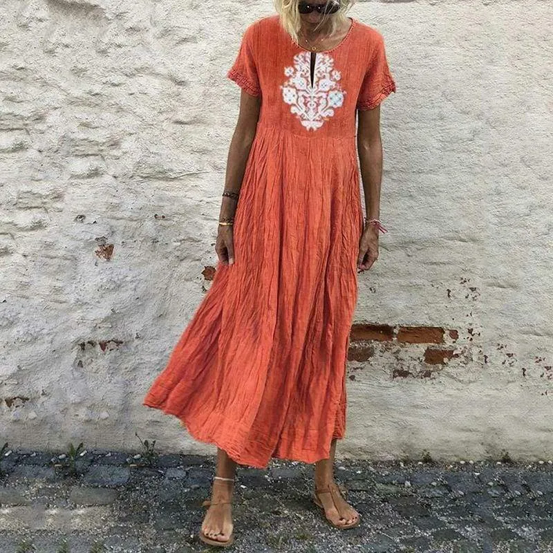 FashionSierra - Women Peasant Ethnic Boho Cotton Linen Long Sleeve Maxi Dress